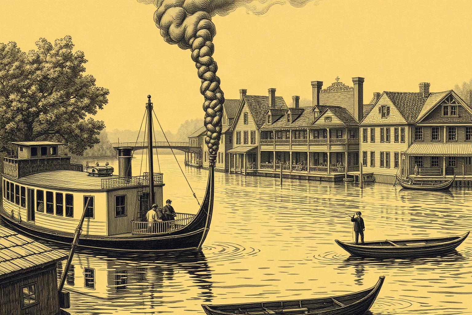 19th century American riverboat and small-town illustration evoking Mark Twain's Mississippi River settings