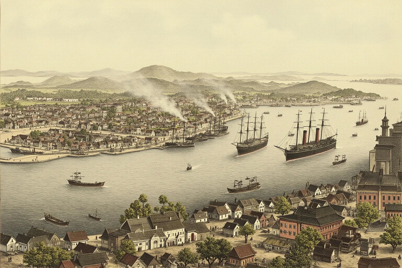 20 Deadliest Plagues That Shaped Human History 10 19th-century Asian port city with steamships and warehouses, historical illustration style