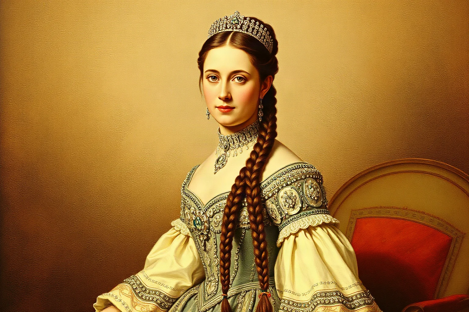 19th-century Austrian royal portrait style illustration of an empress with extremely long braided hair and a jeweled gown