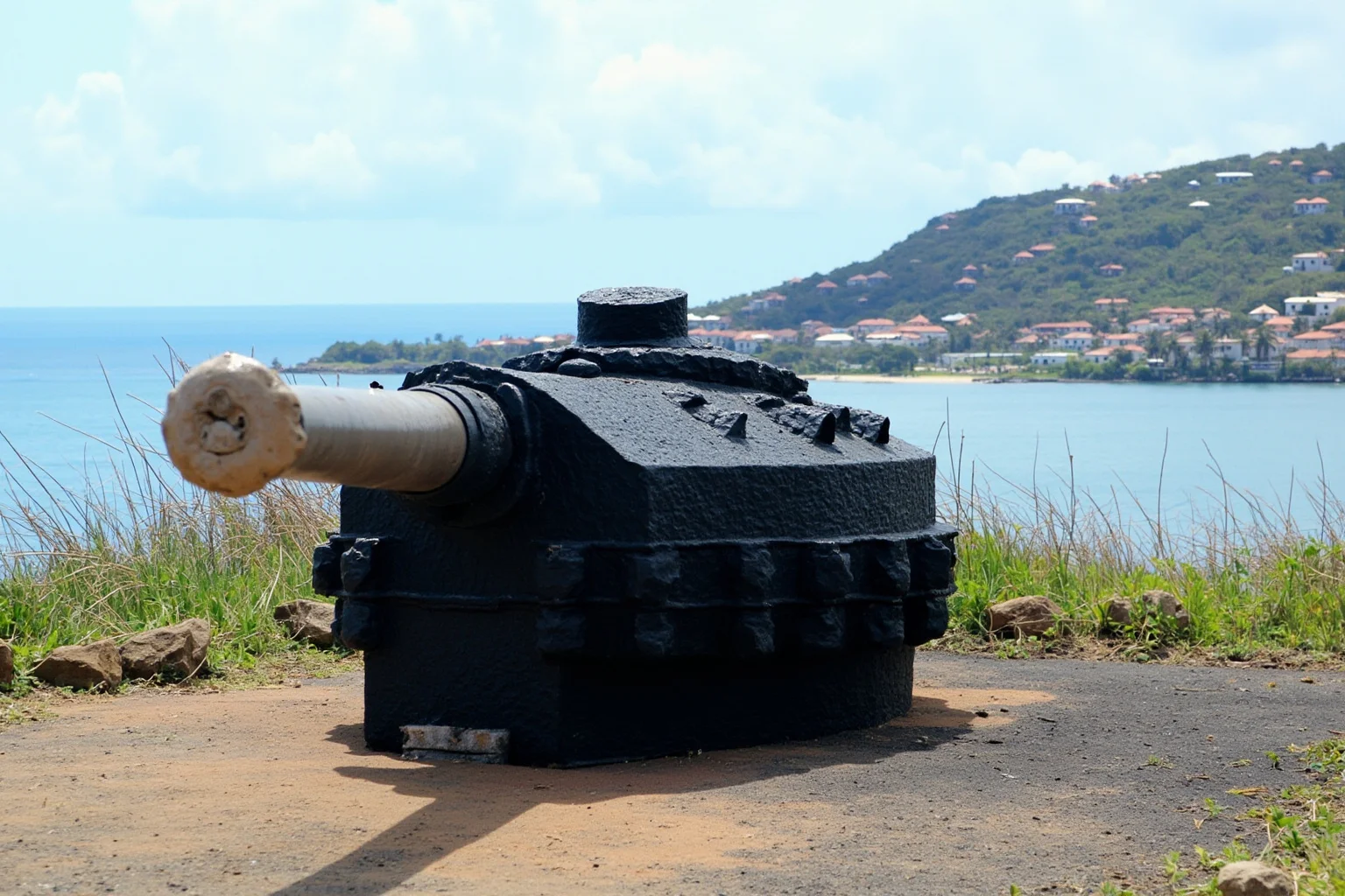 The Longest-Serving Warships of All Time 19 19th-century black ironclad turret warship with a single rounded gun turret, preserved near a South American coastal town