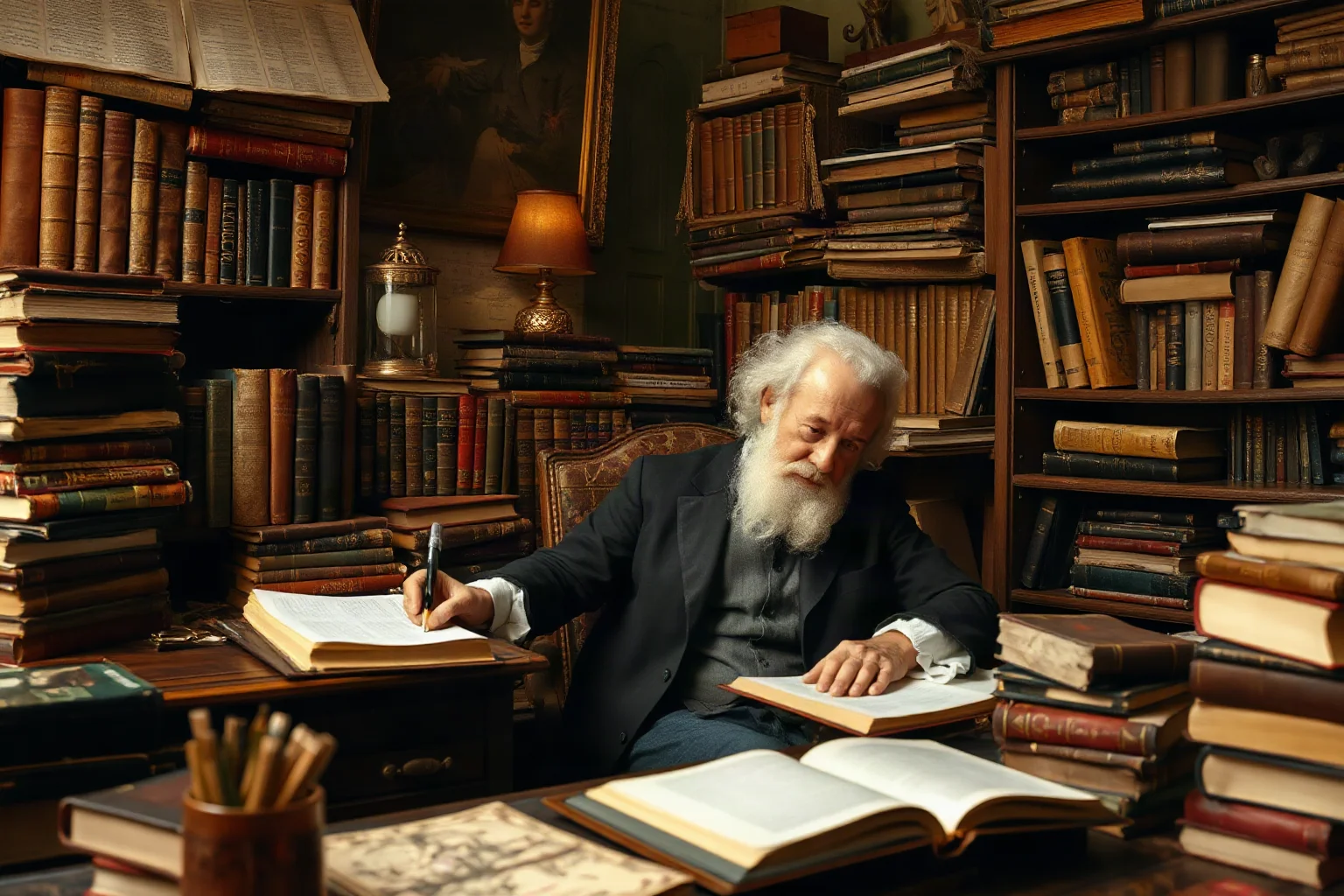 19th-century English philosopher and economist writing at a cluttered desk surrounded by books, period study