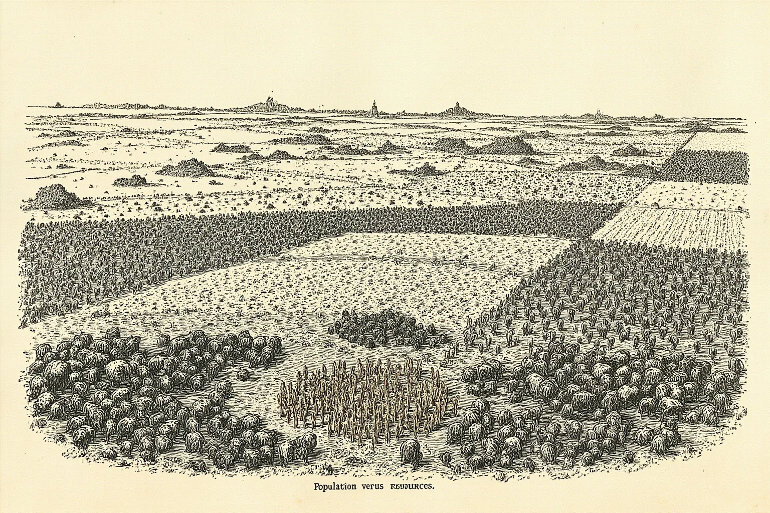 19th-century engraving of overcrowded farmland and a small harvest, symbolizing population versus resources