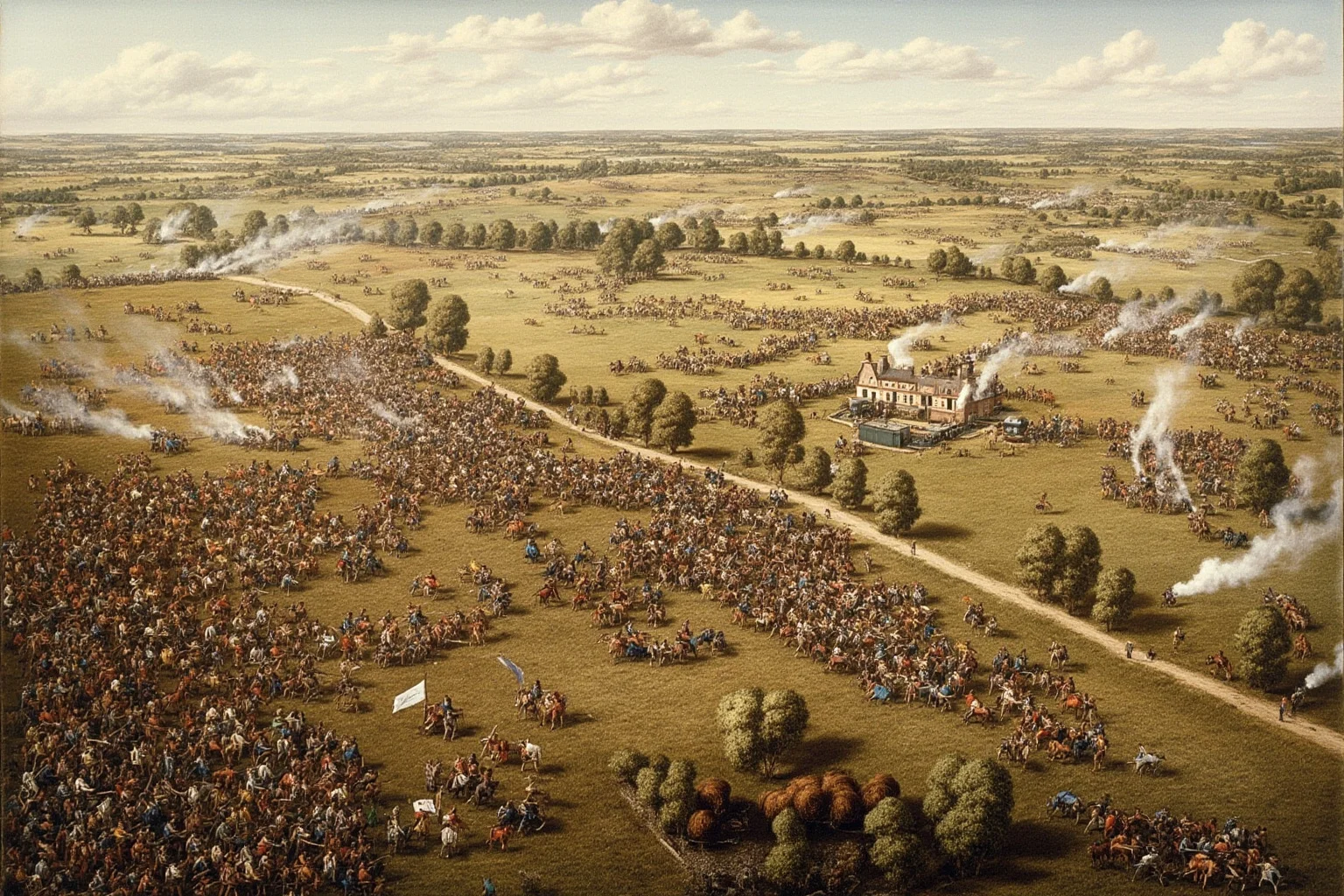 19th-century European battlefield with cavalry charges and infantry lines clashing near a small village