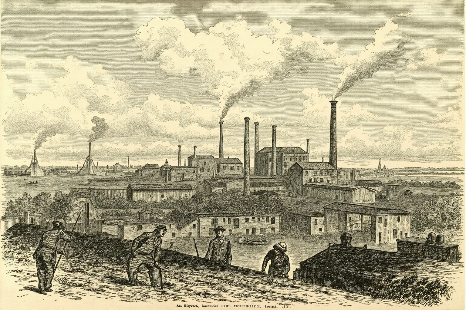 19th-century factory skyline illustration with workers and rising smoke stacks