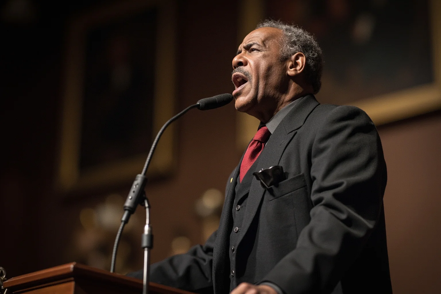 19th-century formerly enslaved man in a formal suit speaking passionately at a lectern