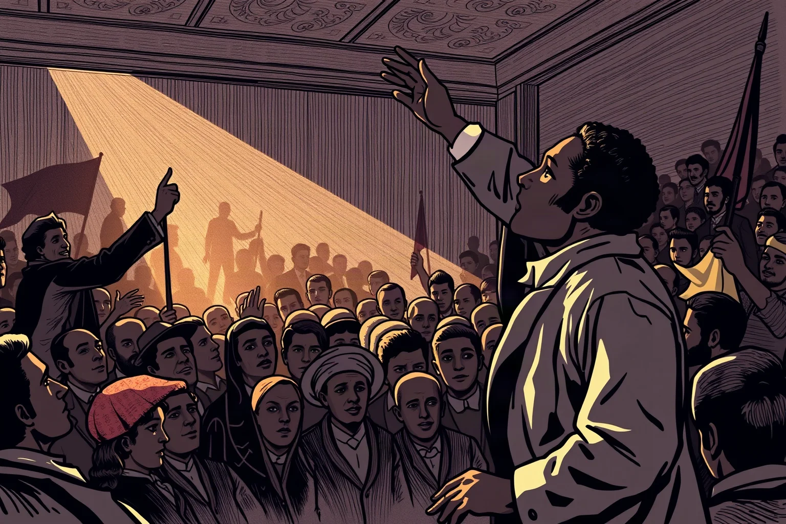 19th-century formerly enslaved orator delivering a passionate speech to a large abolitionist crowd, illustrated style