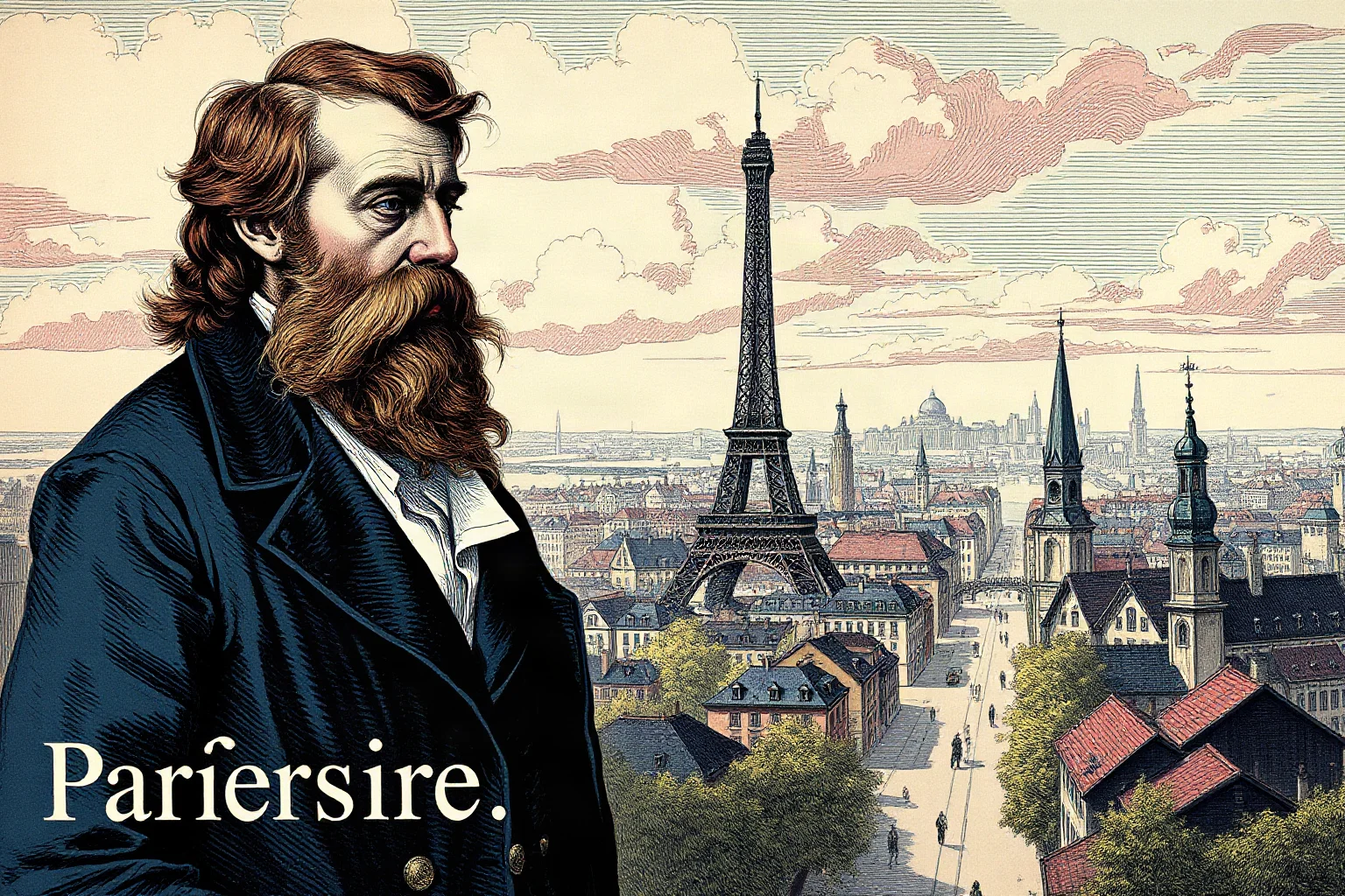19th century French illustration of a bearded writer and social reformer standing before a cityscape of Paris