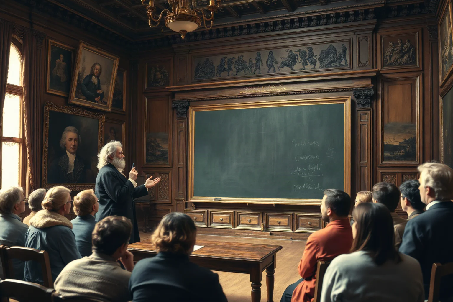 19th-century German philosopher lecturing before students in a grand university hall, chalkboard, period clothing