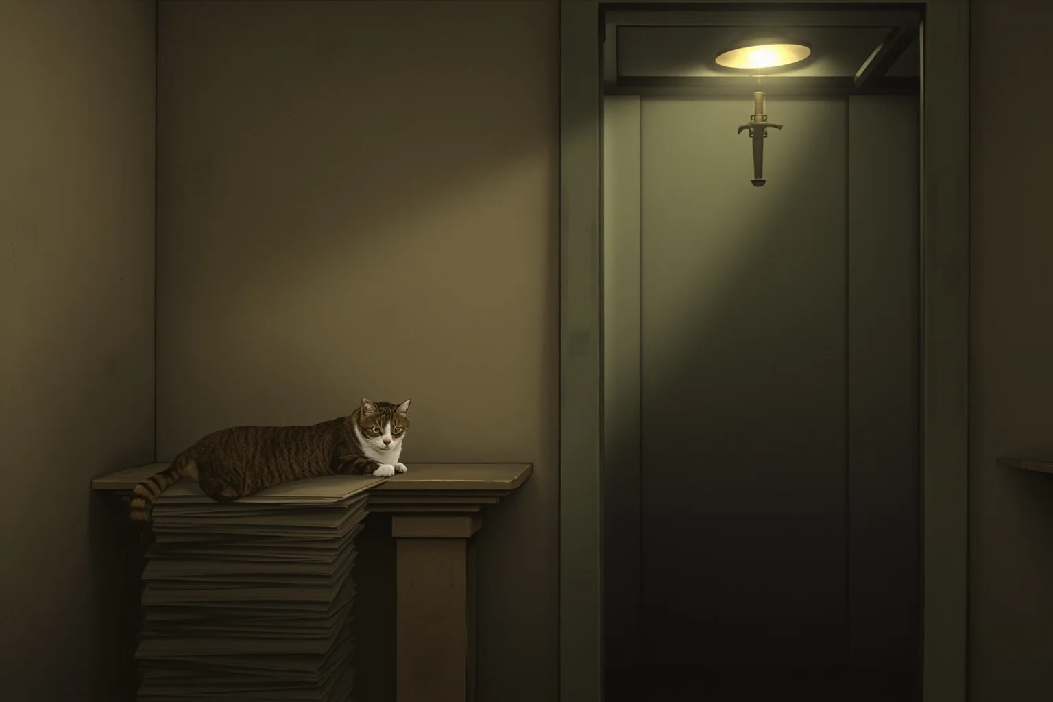 19th-century hospital ward interior with soft lantern light and a cat curled on a stack of papers