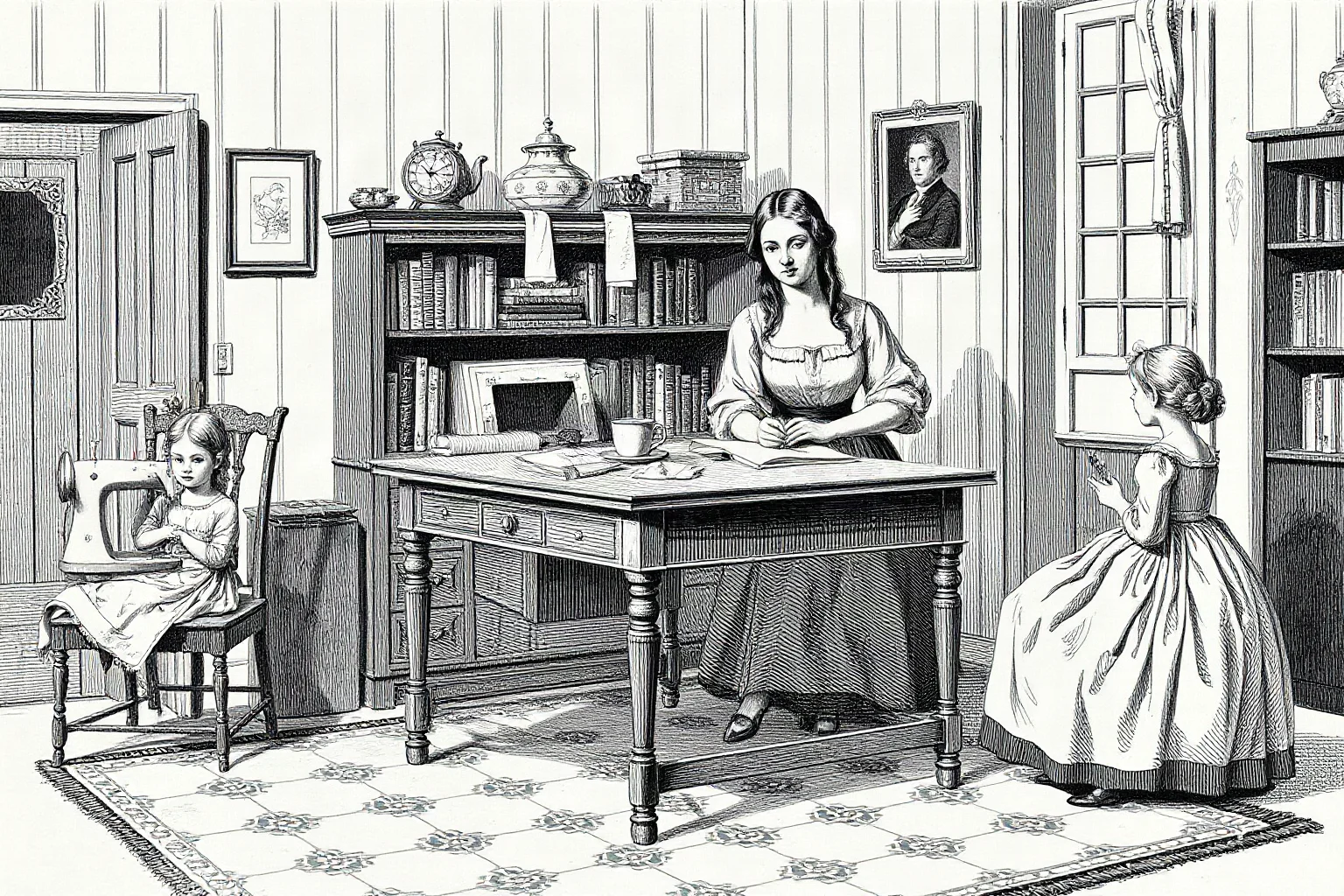 19th-century illustration of a woman writer at a family home desk with several sisters nearby sewing and reading