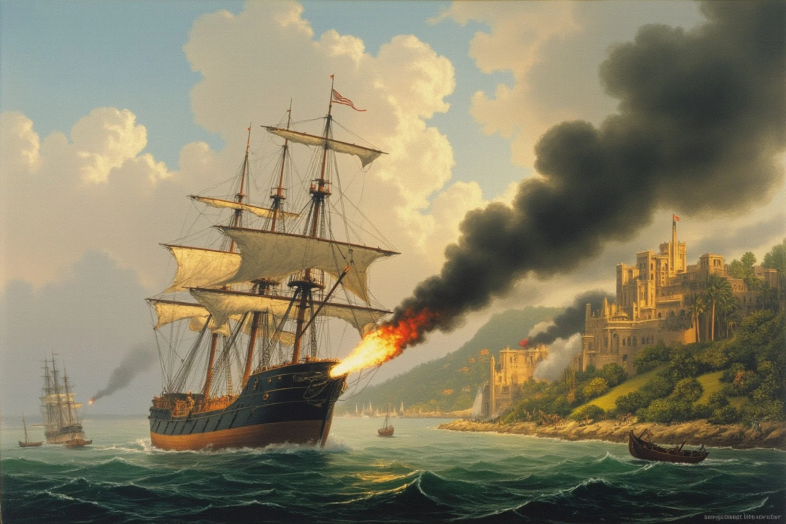 22 Lesser-Known Historical Events That No One Talks About 22 19th-century naval warship firing on a coastal palace on a tropical island, dramatic historical illustration