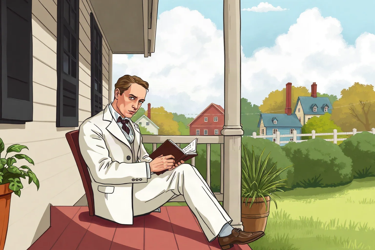 19th-century novelist in a white suit sitting on a porch writing in a notebook, illustrated style
