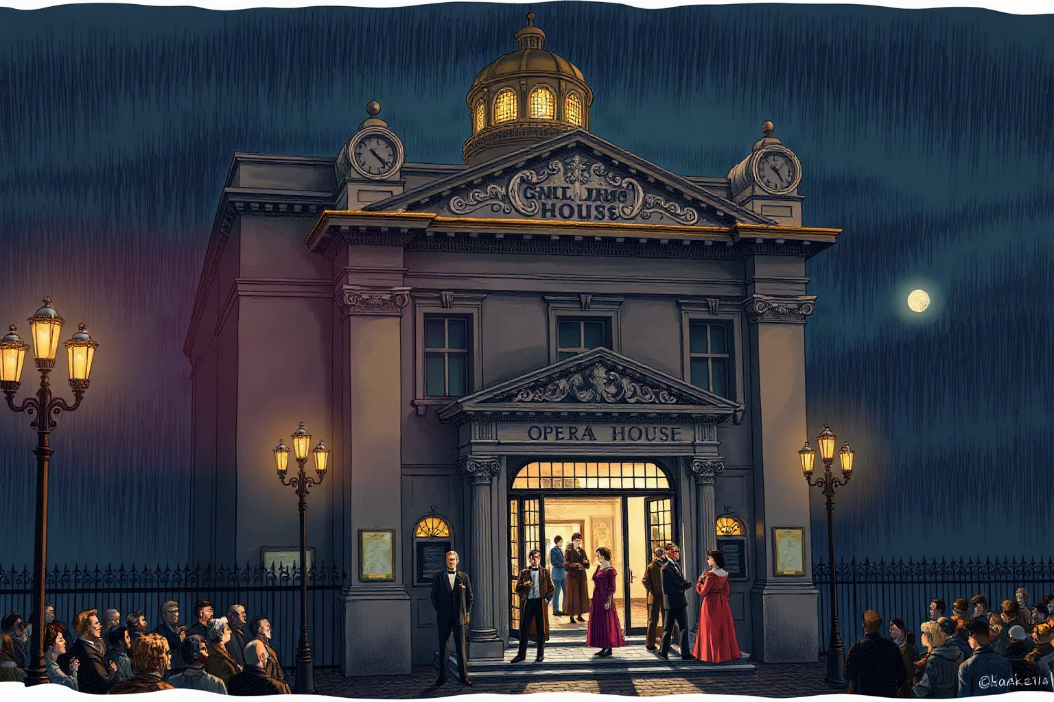 19th-century opera house exterior at night with a tense crowd gathered outside, gaslight lamps, illustrative style