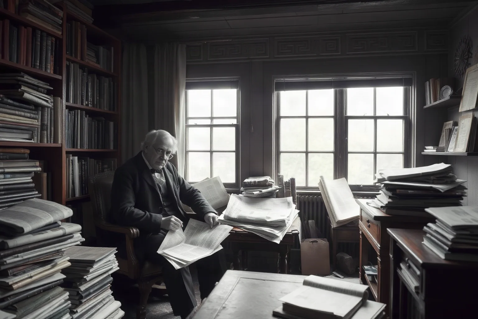 19th-century philosopher and economist writing in a modest apartment surrounded by books and newspapers