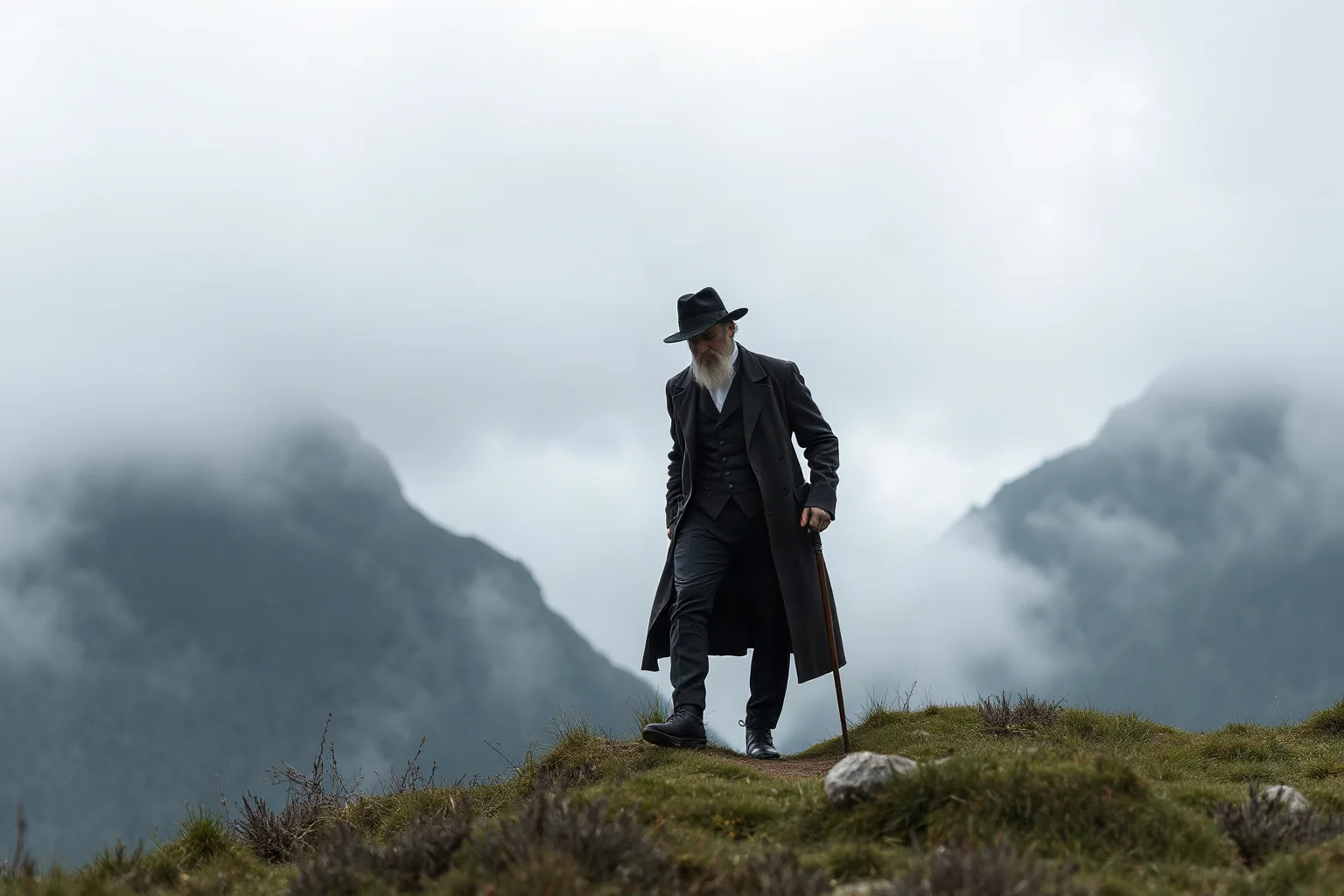 19th-century philosopher walking alone through misty mountains with a walking stick, dramatic romantic landscape