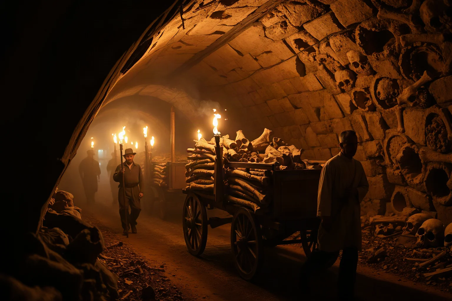 19th-century quarry workers transporting bones by cart through torch-lit underground tunnels in a solemn procession with priests