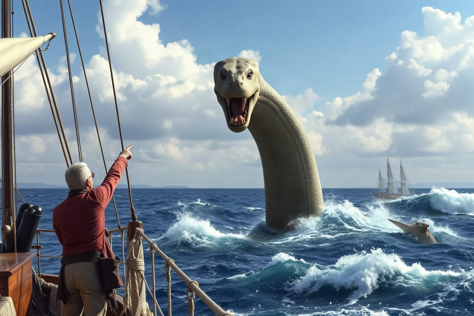 19th-century sailing ship crew on deck pointing at a large serpentine creature rising from ocean waves