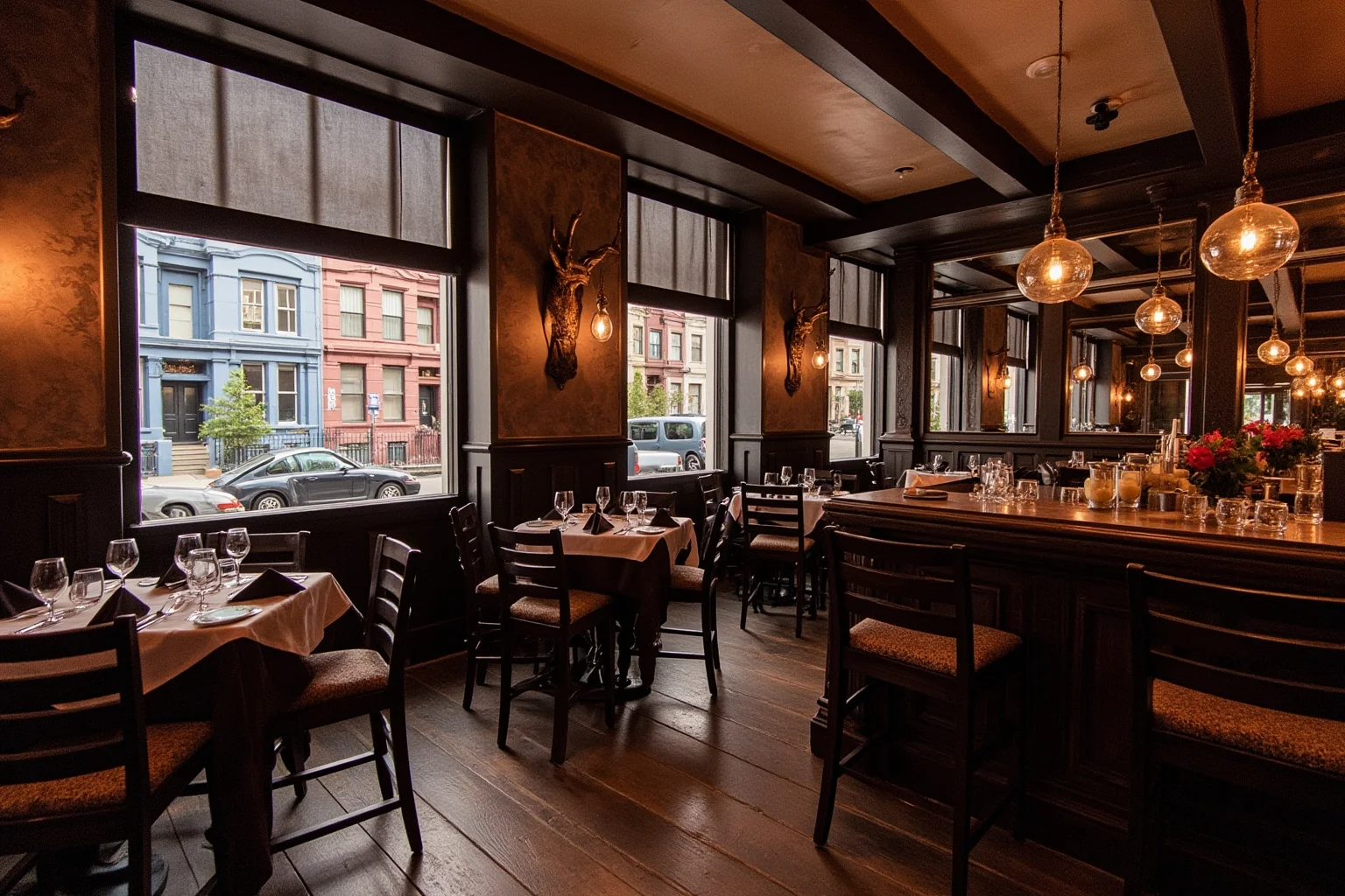 19th-century saloon-style restaurant with taxidermy on the walls, dark wood bar, and Washington D.C. rowhouses outside