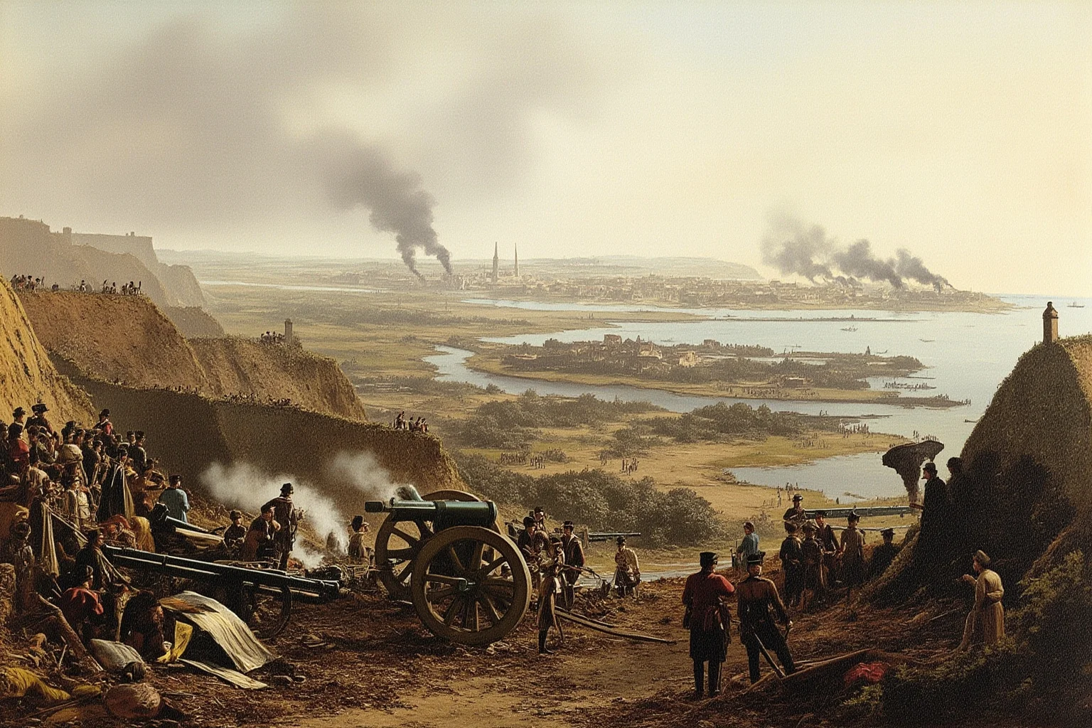 19th-century siege scene with trenches, tents, and distant artillery bombardment of a fortified coastal city