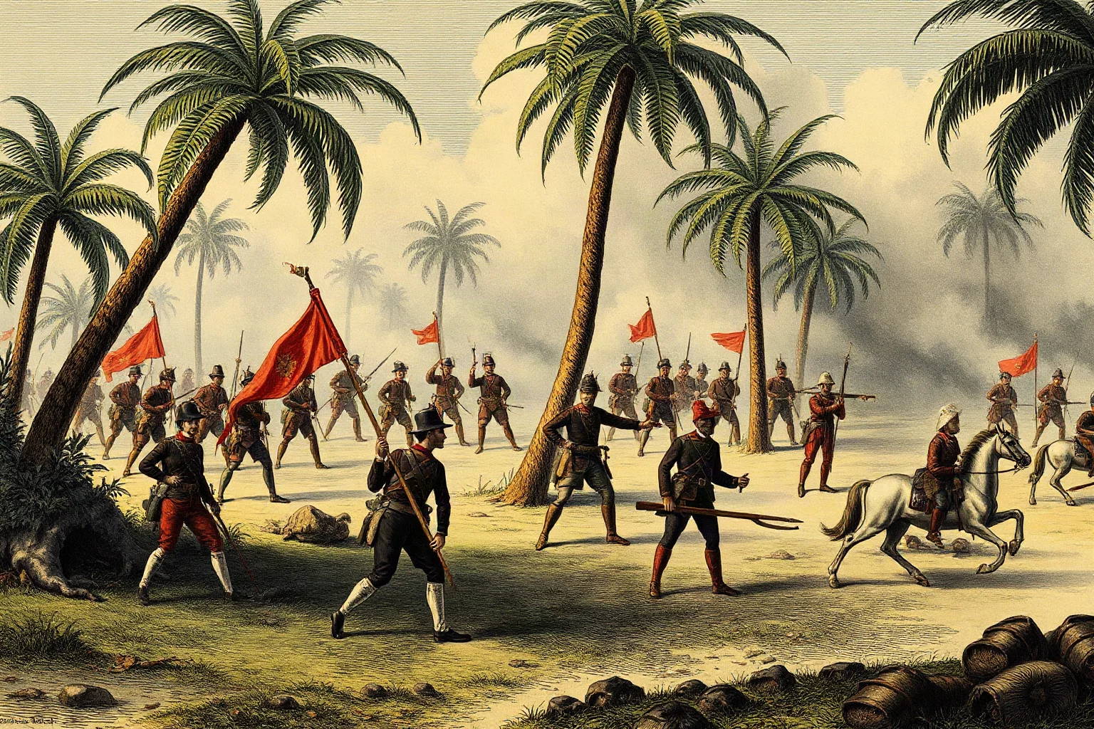 19th-century South American battlefield illustration with soldiers and tropical terrain, Triple Alliance War theme