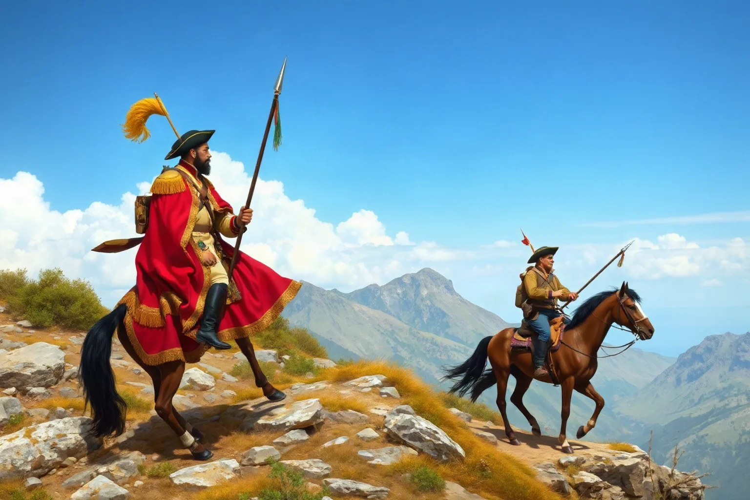 19th-century South American revolutionary general on horseback crossing a rugged mountain pass, illustrative historical style
