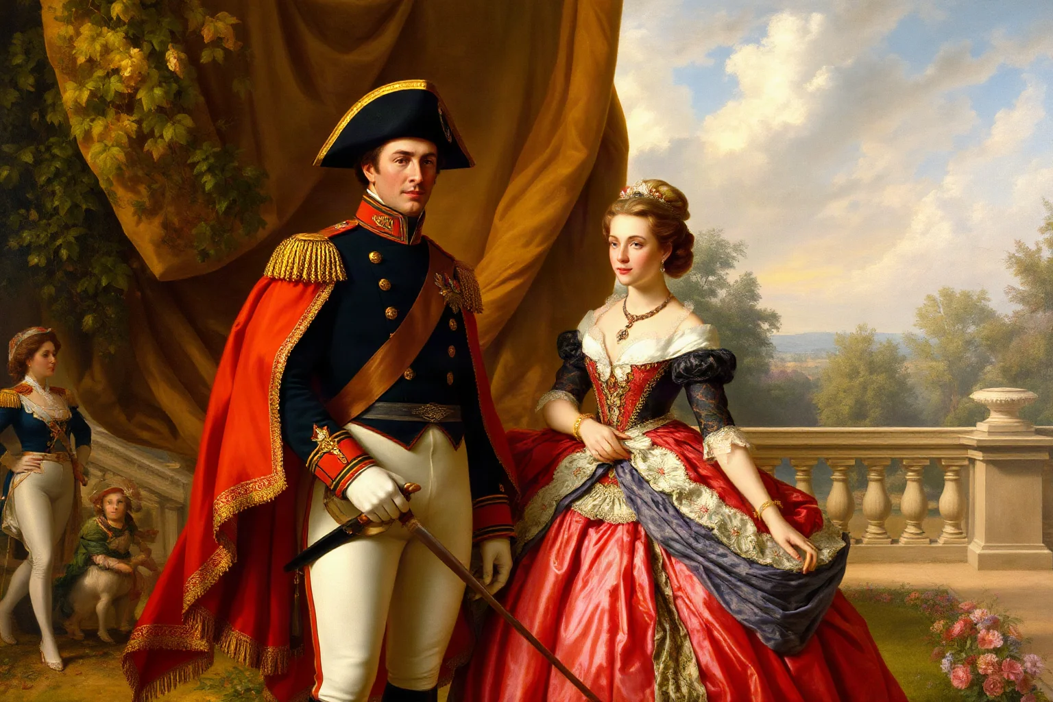19th-century style painting of a French emperor in military uniform beside an elegant empress in a formal garden