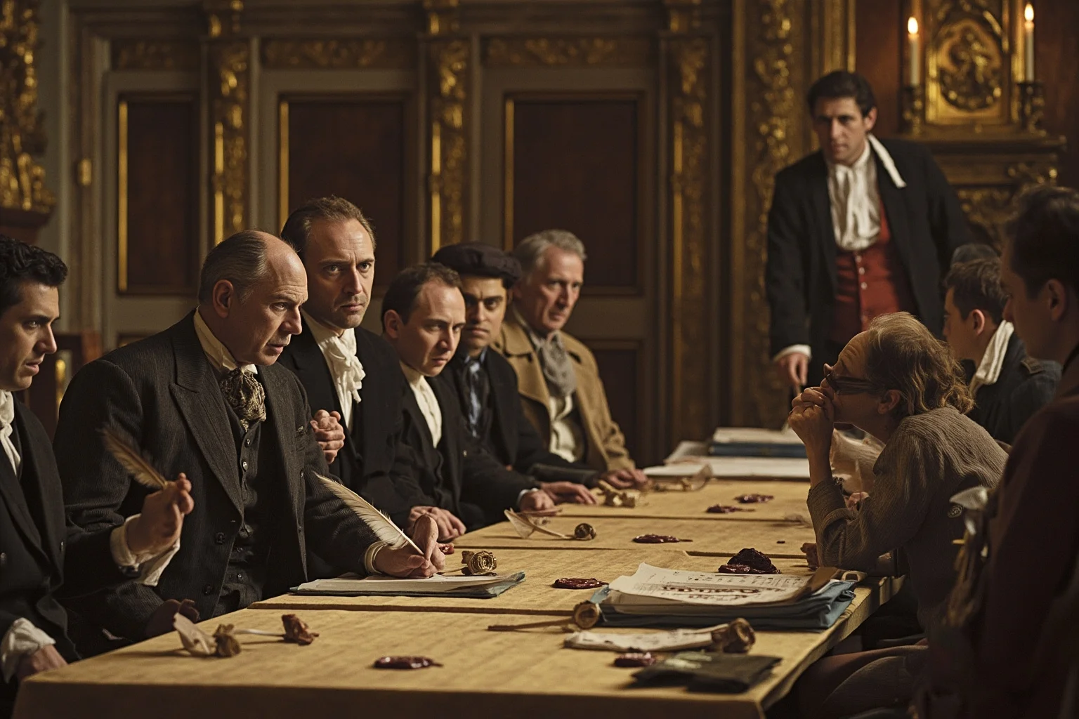 19th-century treaty signing scene with officials at a long table, quills and wax seals, ornate government hall
