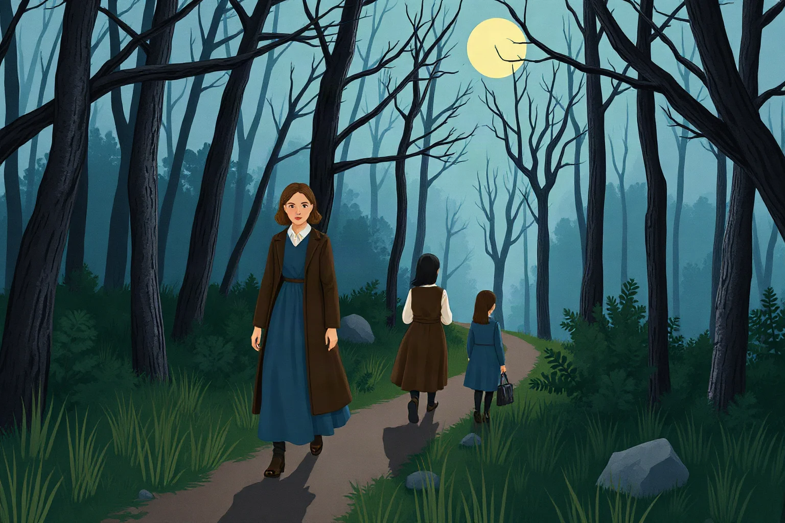 19th-century woman in modest clothing leading a small group through a moonlit forest path, illustrated style