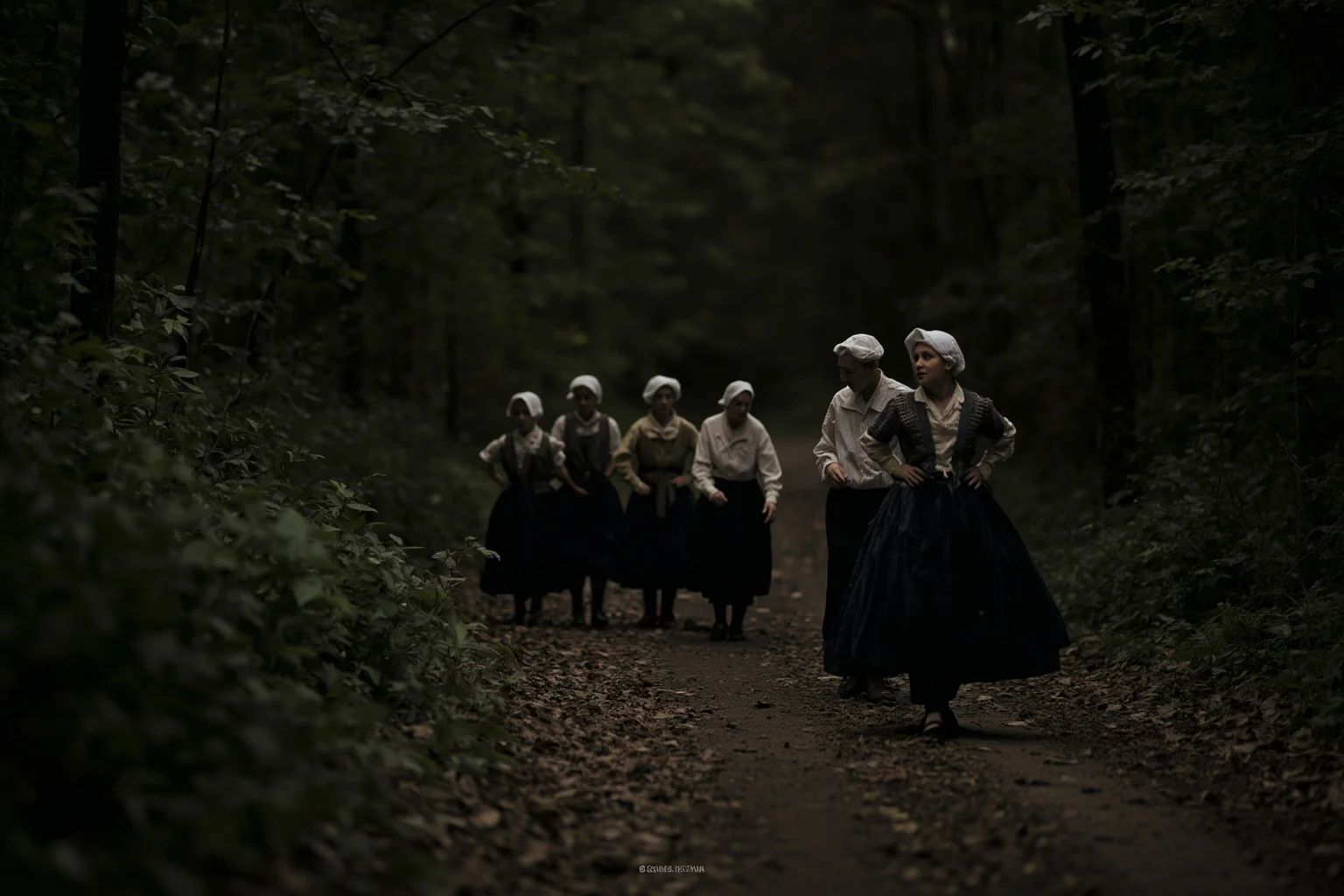 19th-century woman in modest dress leading a small group through a moonlit forest path
