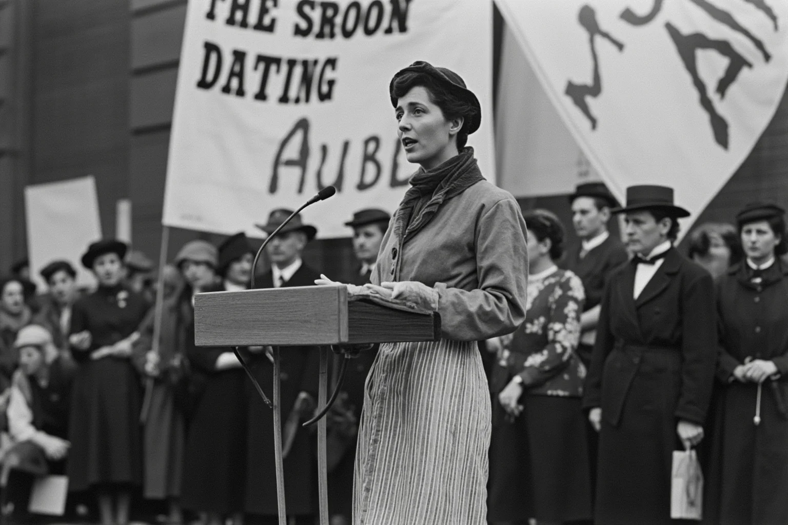19th-century woman in Victorian dress addressing a crowd from a podium, suffrage banners in background