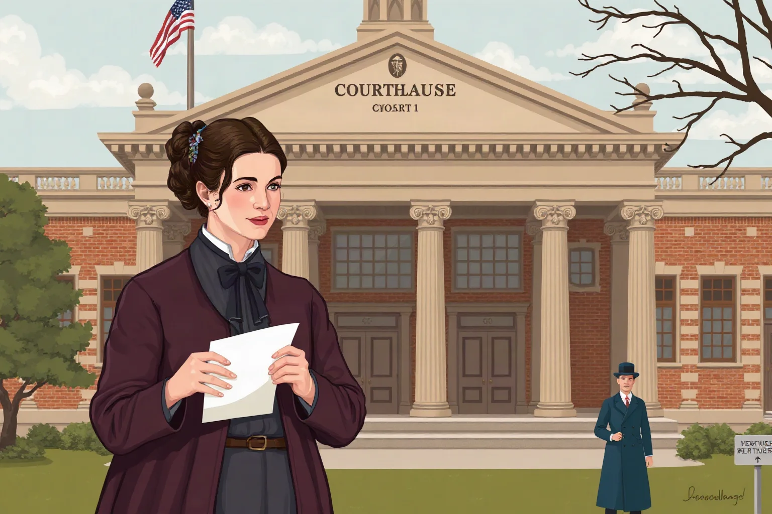 19th-century woman suffragist holding a ballot outside a courthouse, illustrated style