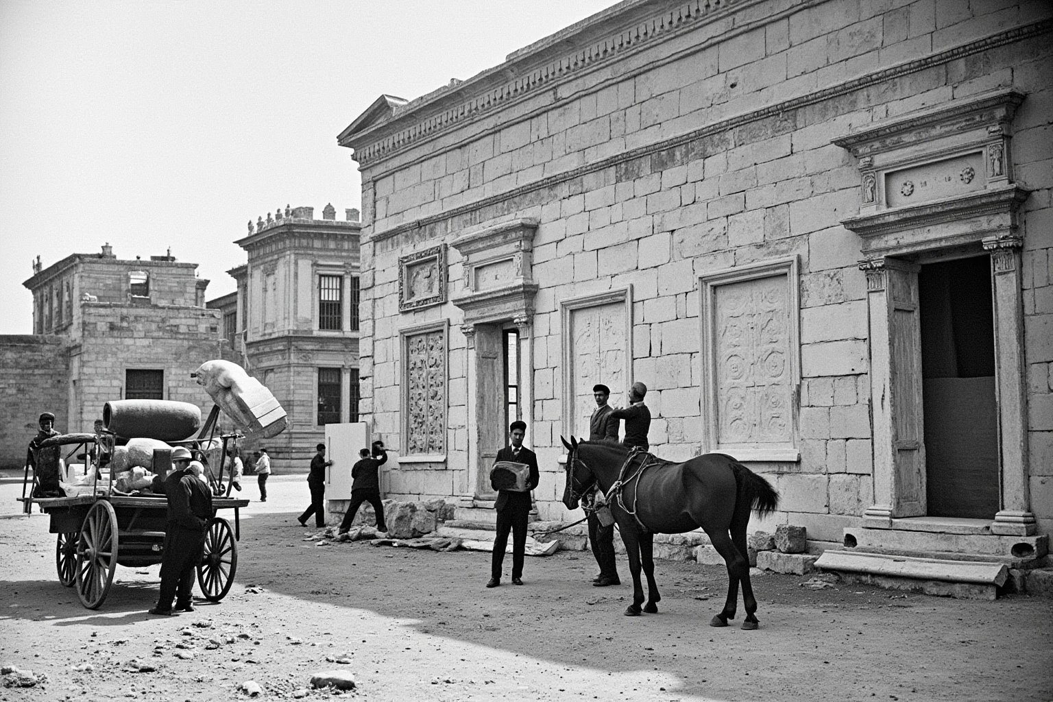 19th-century workers carefully removing carved marble sculptures from an ancient temple onto a horse-drawn cart