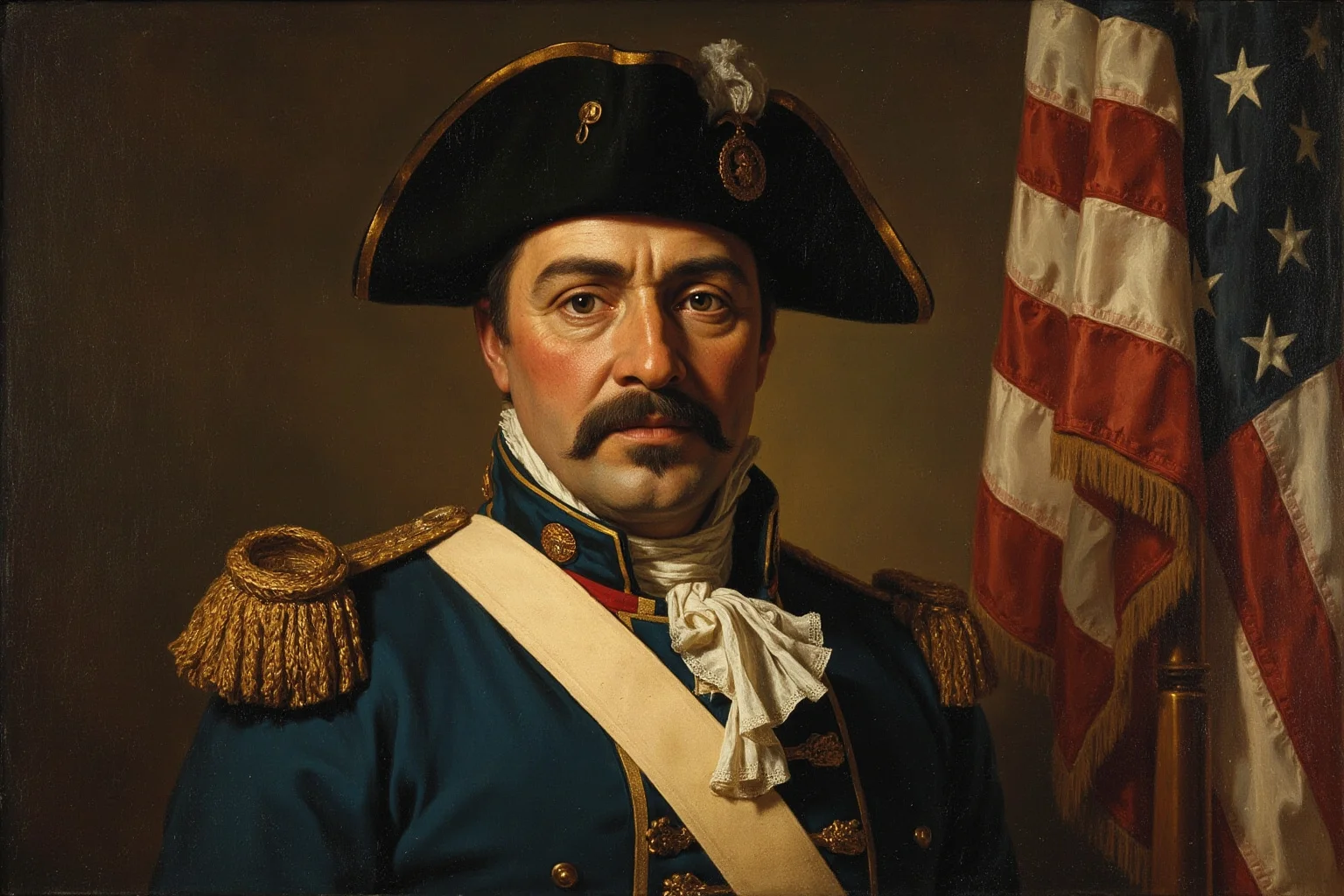 18th century oil-painting style portrait of a Continental Army general in blue and buff military uniform, standing near a colonial American flag