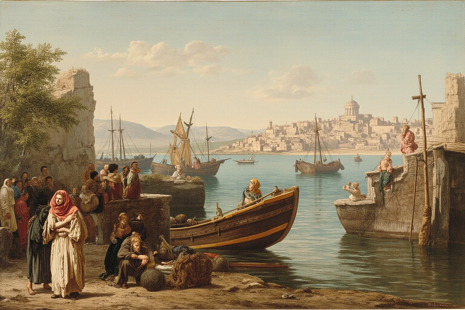20 Deadliest Plagues That Shaped Human History 2 Ancient Athenian harbor scene with cloaked figures and a distant fever-stricken city, historical illustration style