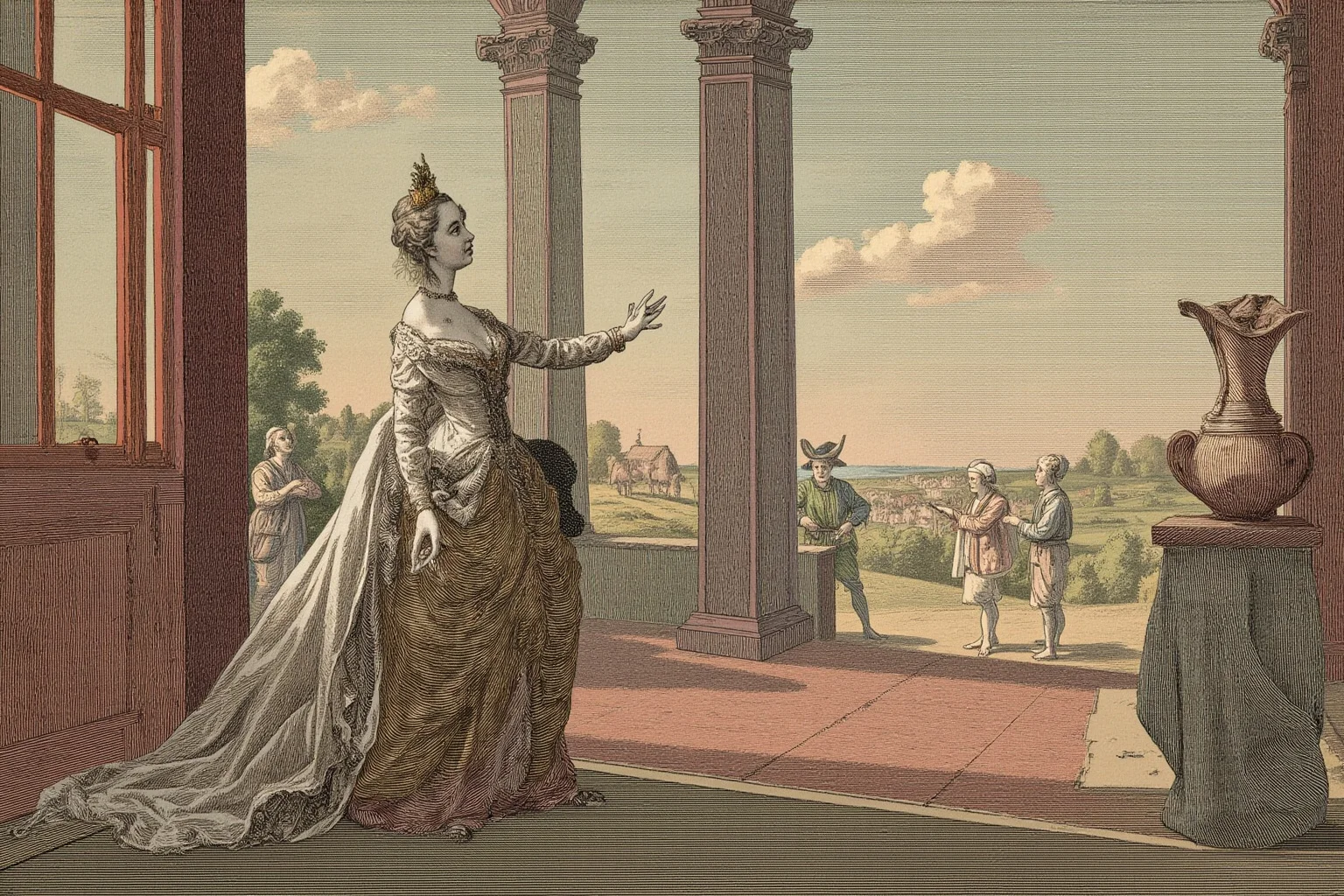 20 Famous Historical Quotes That Were Taken Out of Context 2 An illustrated 18th-century French palace scene with a queen figure in an ornate gown gesturing toward distant peasants, painterly historical style, no real identifiable faces