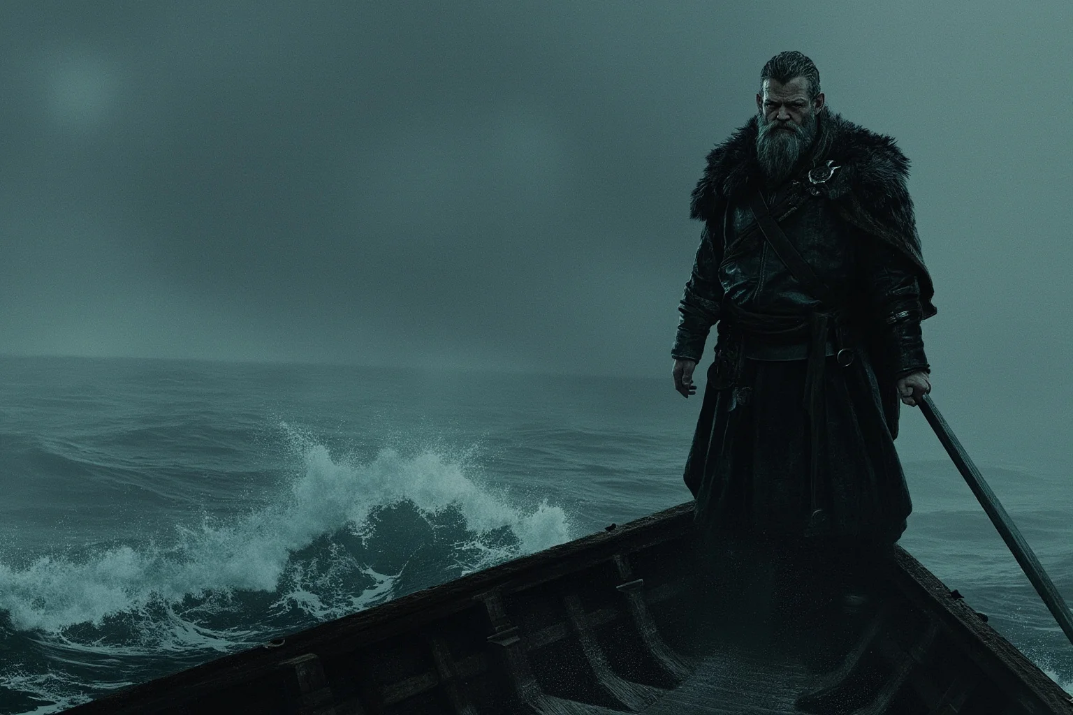 20 Greatest Vikings in History 2 An illustrated Viking-age raider standing on a longship deck at sea, moody fog and waves, historical illustration style, no visible face detail suggesting a real person
