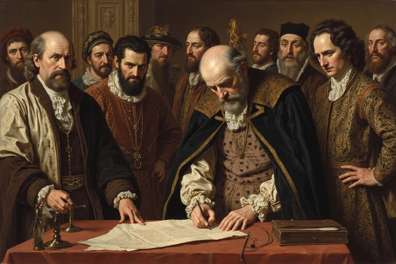 Illustration of 17th-century European diplomats in formal dress signing a peace document in a grand hall, generic faces, historical atmosphere