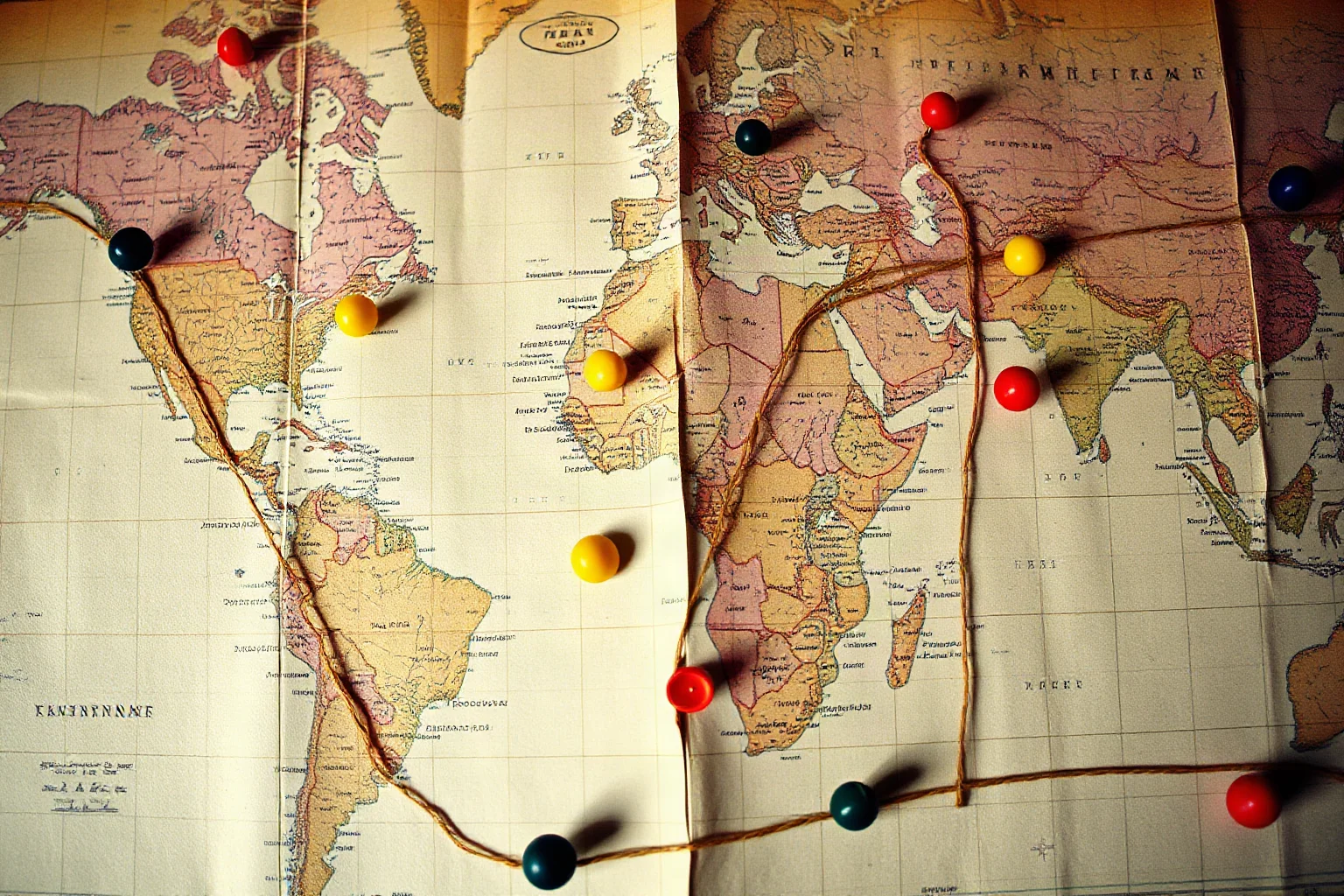 A worn world map from the 1940s with pins and string marking multiple continents, symbolizing the global scale of a massive war