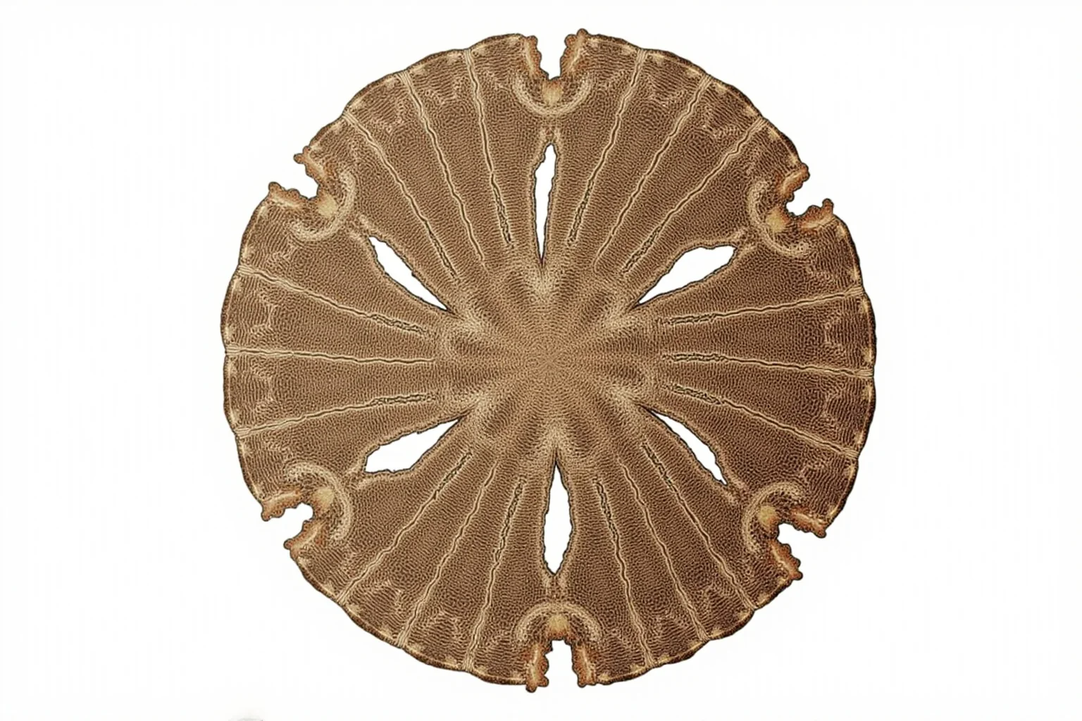Scientific illustration of Tribrachidium heraldicum, a disc-shaped Ediacaran sea-floor organism with unusual three-armed spiral symmetry