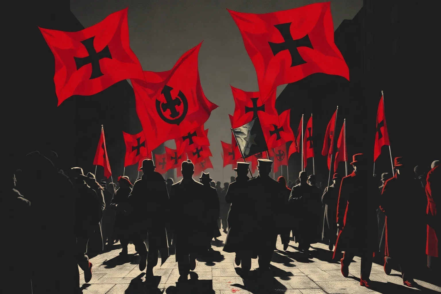 Dramatic dark illustration of a 1930s European fascist rally with red banners and marching silhouettes, no identifiable faces