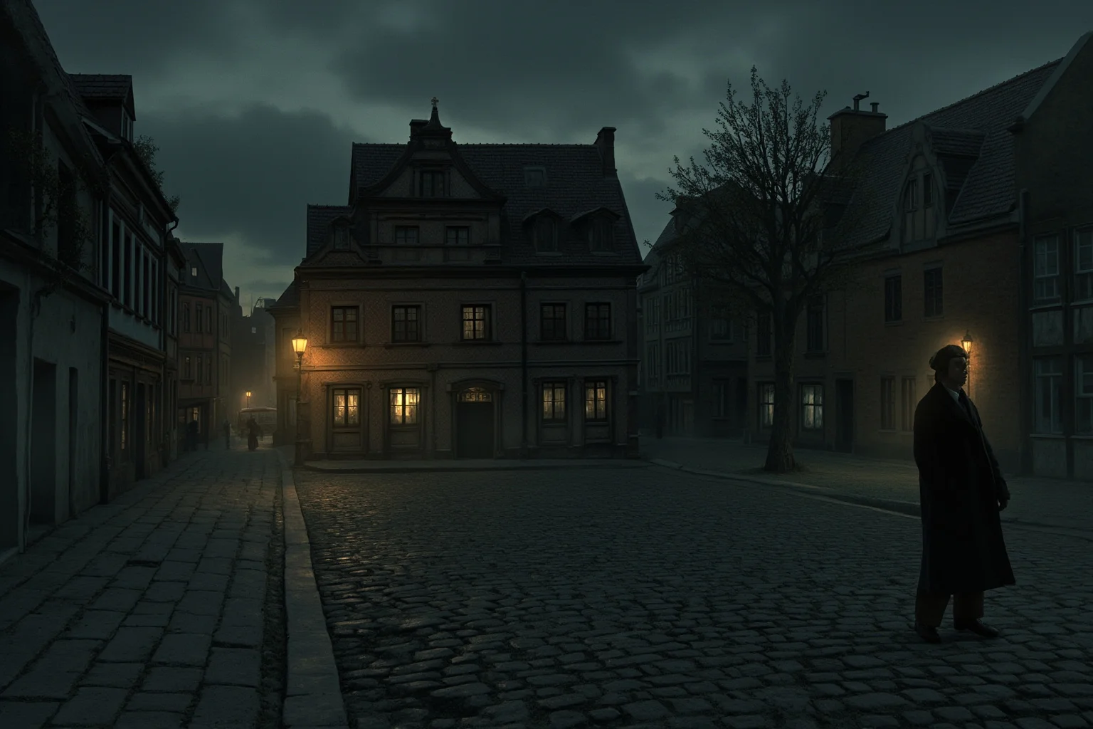 20 of the Most Mysterious People in History 2 A painterly illustration of a lone, disoriented young man standing in a cobblestone 19th-century German town square at dusk, mysterious atmosphere, no visible face detail