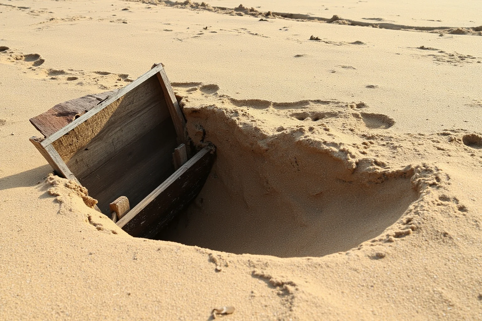 An old wooden chest half-buried in sandy beach dunes, empty and overturned, illustrating the buried treasure myth