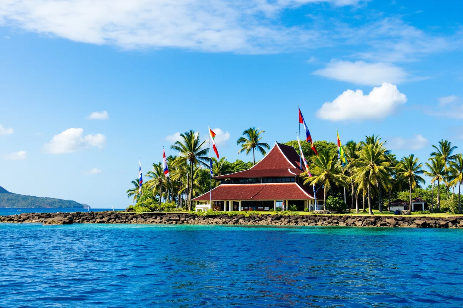 A traditional Polynesian royal palace on a tropical island with ceremonial flags, evoking the Kingdom of Tonga