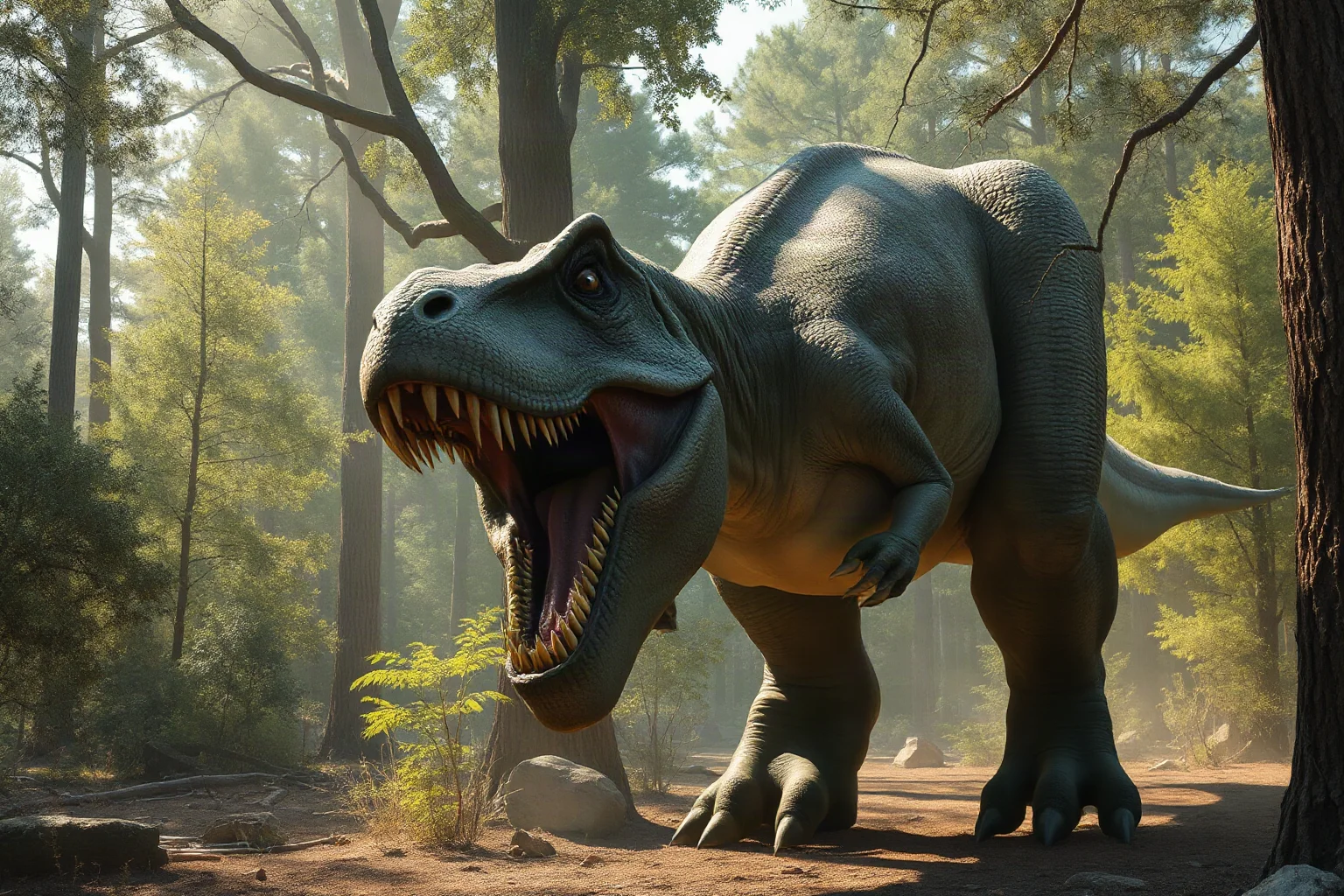 A massive Tyrannosaurus rex baring its teeth in a Late Cretaceous forest clearing, dramatic lighting, realistic paleoart style