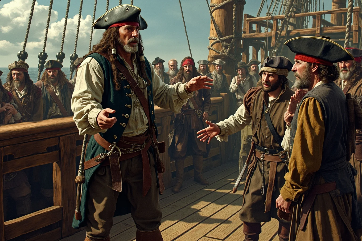 A weathered 17th-century pirate captain arguing with his mutinous crew on a wooden ship deck, painterly illustration style