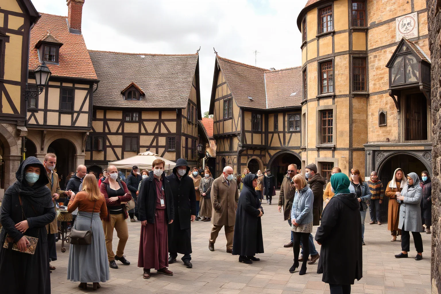 Medieval European town square during plague outbreak, people wearing masks and avoiding each other, buildings with plague doctor symbols