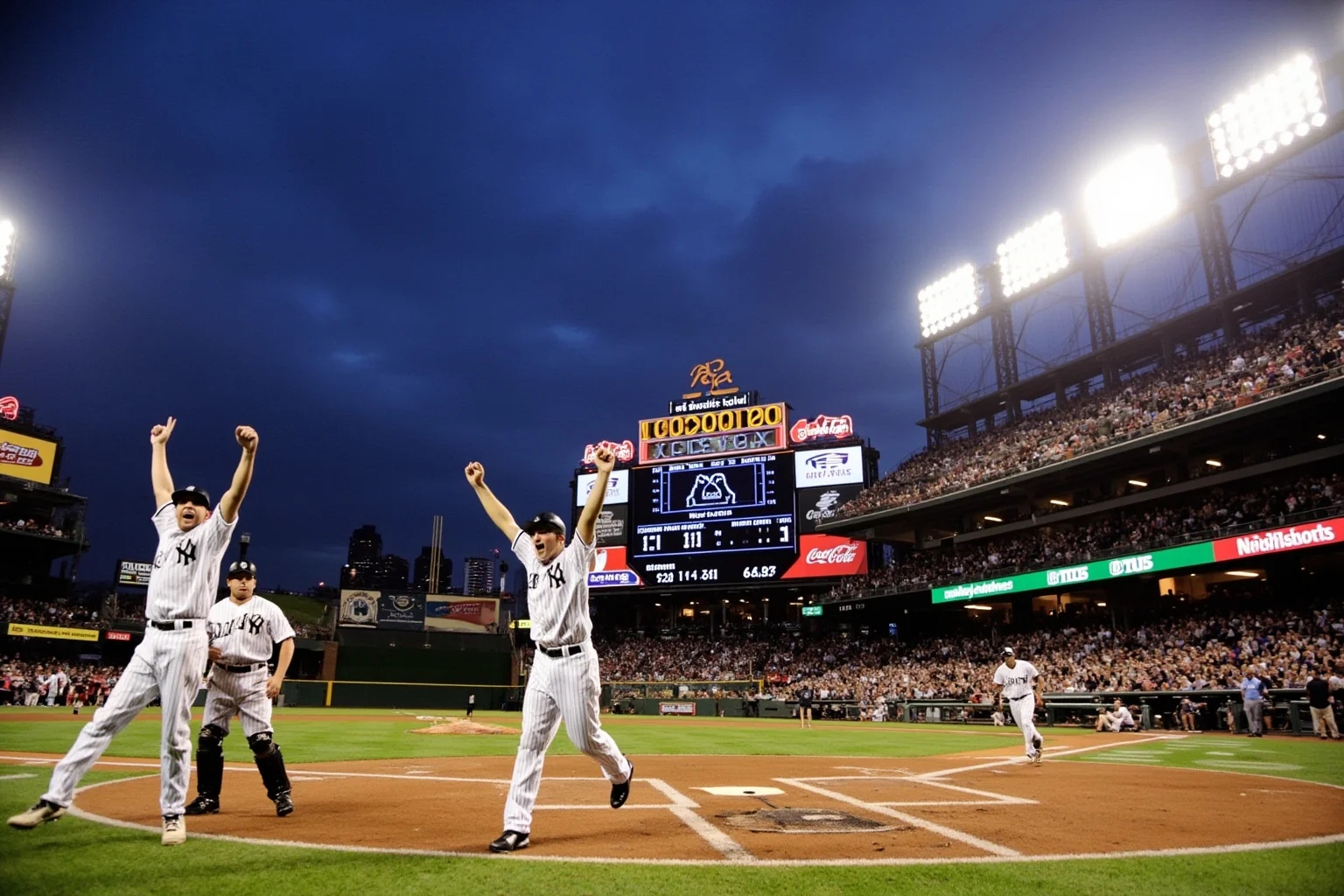 Biggest Blowouts in Sports History 11 2000s Major League Baseball stadium, batters celebrating at home plate with a lopsided scoreboard showing a huge run total