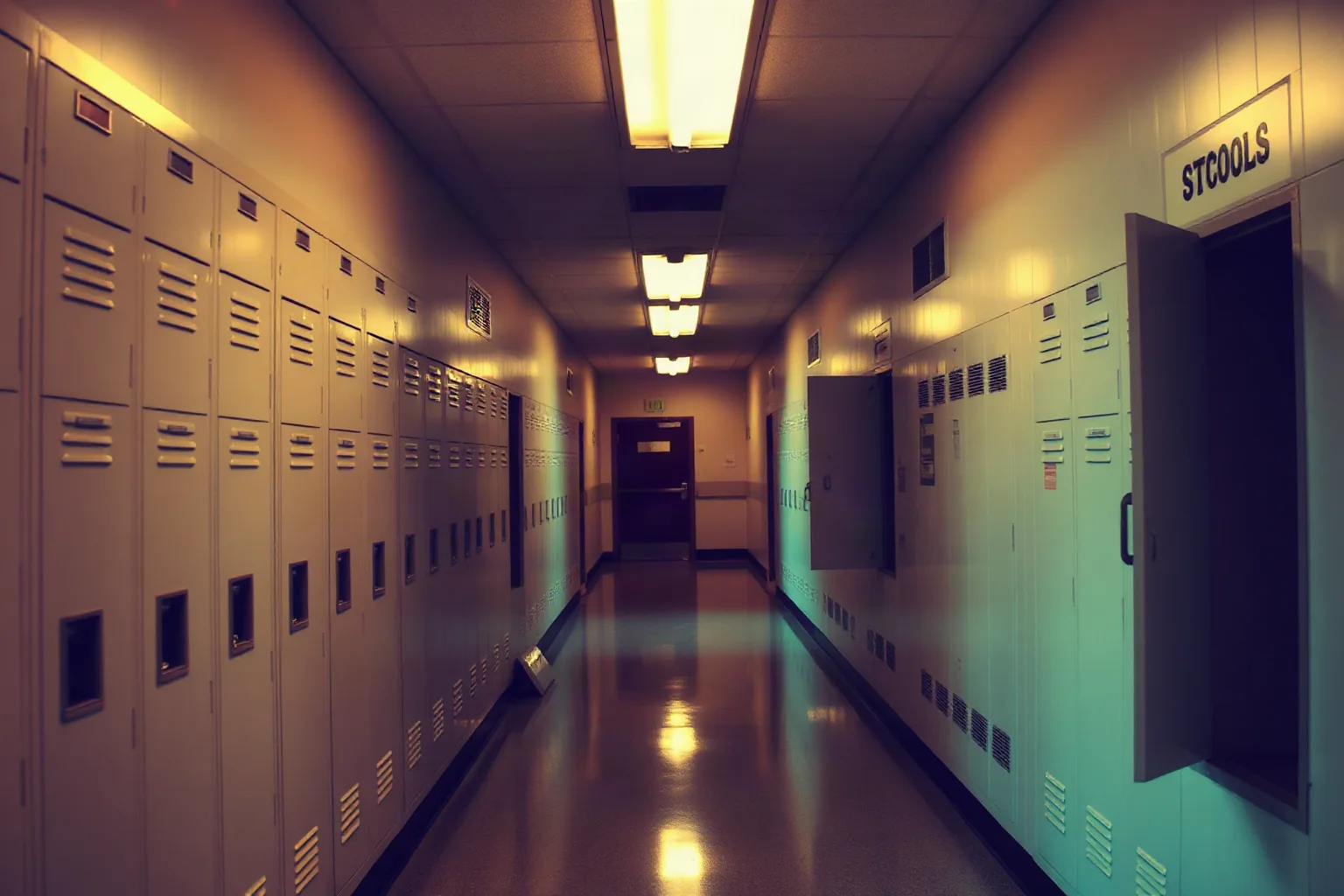 2010s American high school hallway with lockers, empty and quiet, soft fluorescent lighting