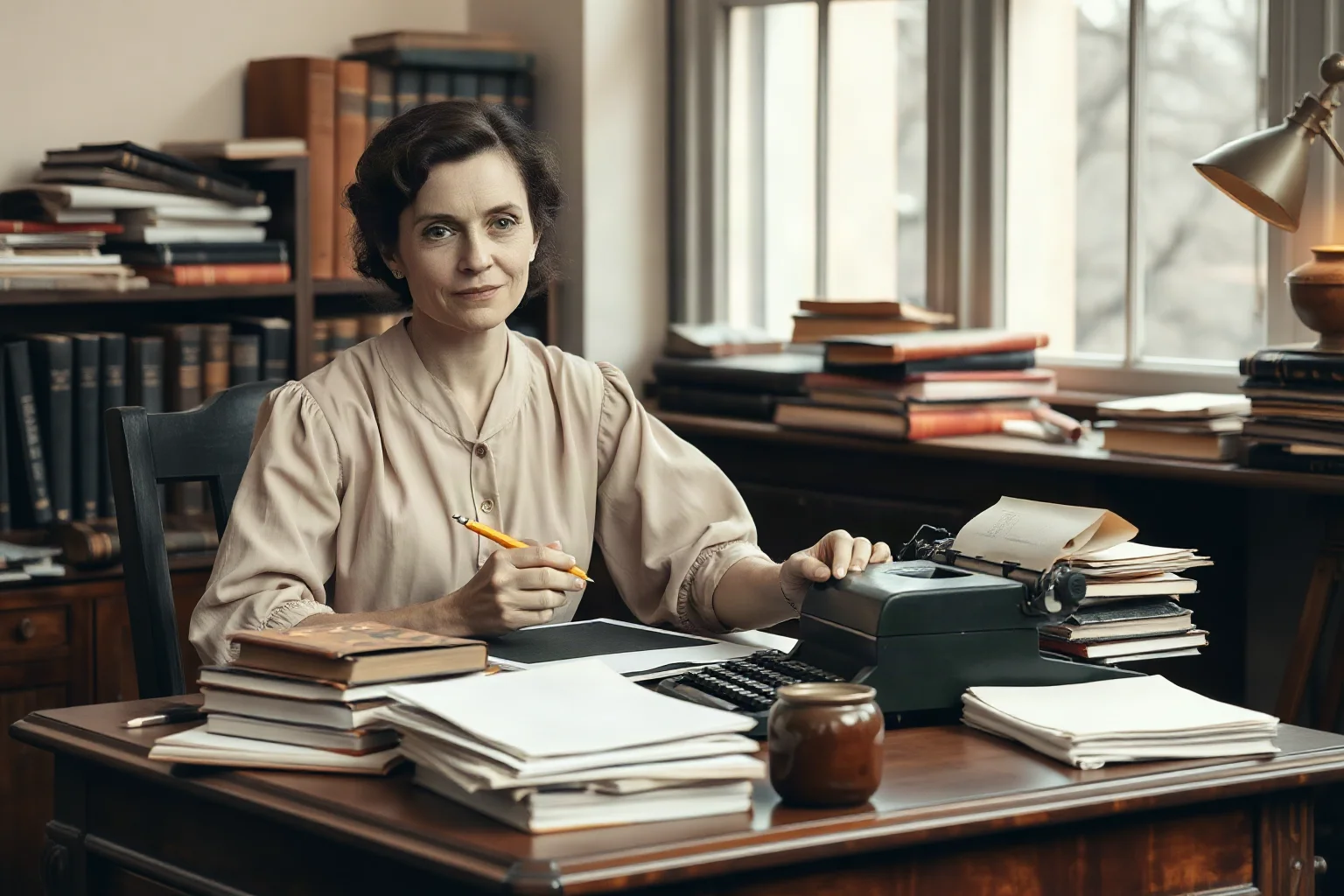 20th-century woman philosopher writing at a desk with typewriter, stack of papers, mid-century academic office