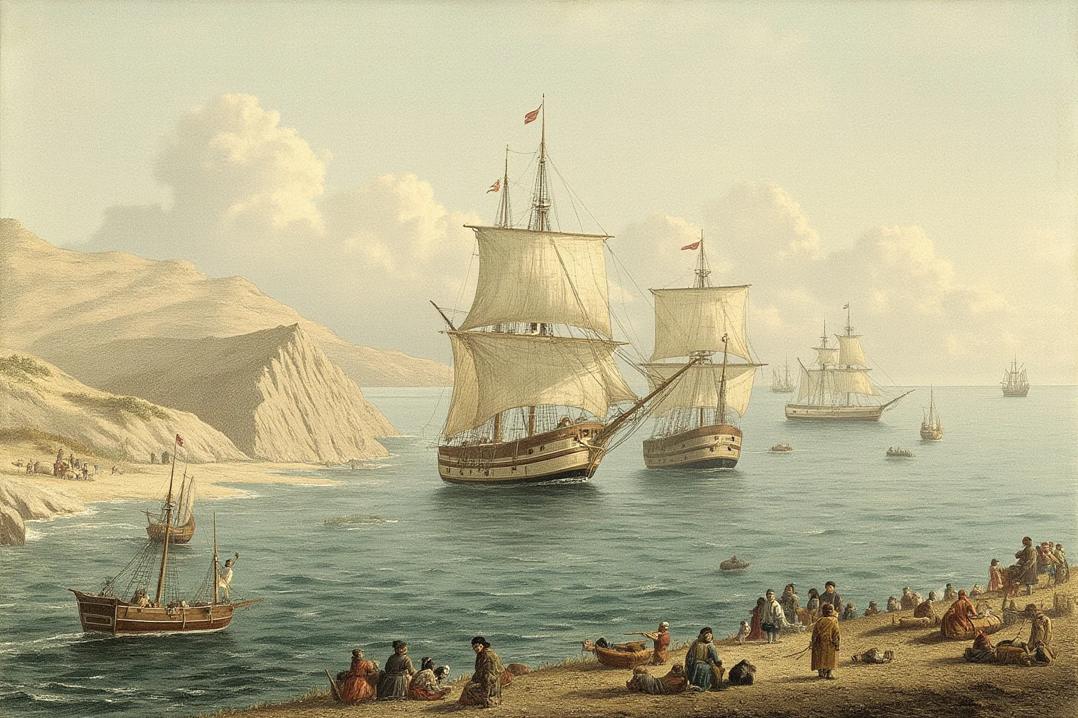 21 Beloved Historical Figures Who Are Controversial Today 2 Old sailing ships arriving at an unfamiliar shoreline, symbolic illustration of an Age of Exploration voyage, painterly style, no real people depicted